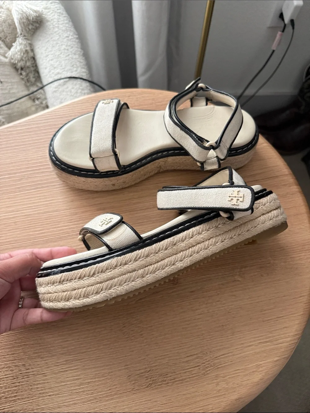 Tory Burch Cream and Black Canvas Strap Sandals